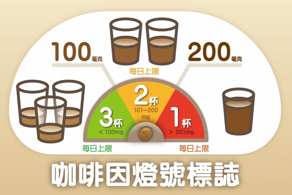 明年元旦起，現場調製飲料可從紅、黃、綠標示區分含有多少咖啡因。圖片來源：台中慈濟醫院