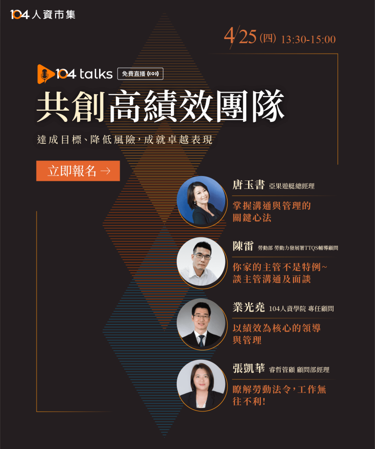 共創高績效團隊-達成目標、降低風險,成就卓越表現|4/25 線上免費直播-104人資市集
