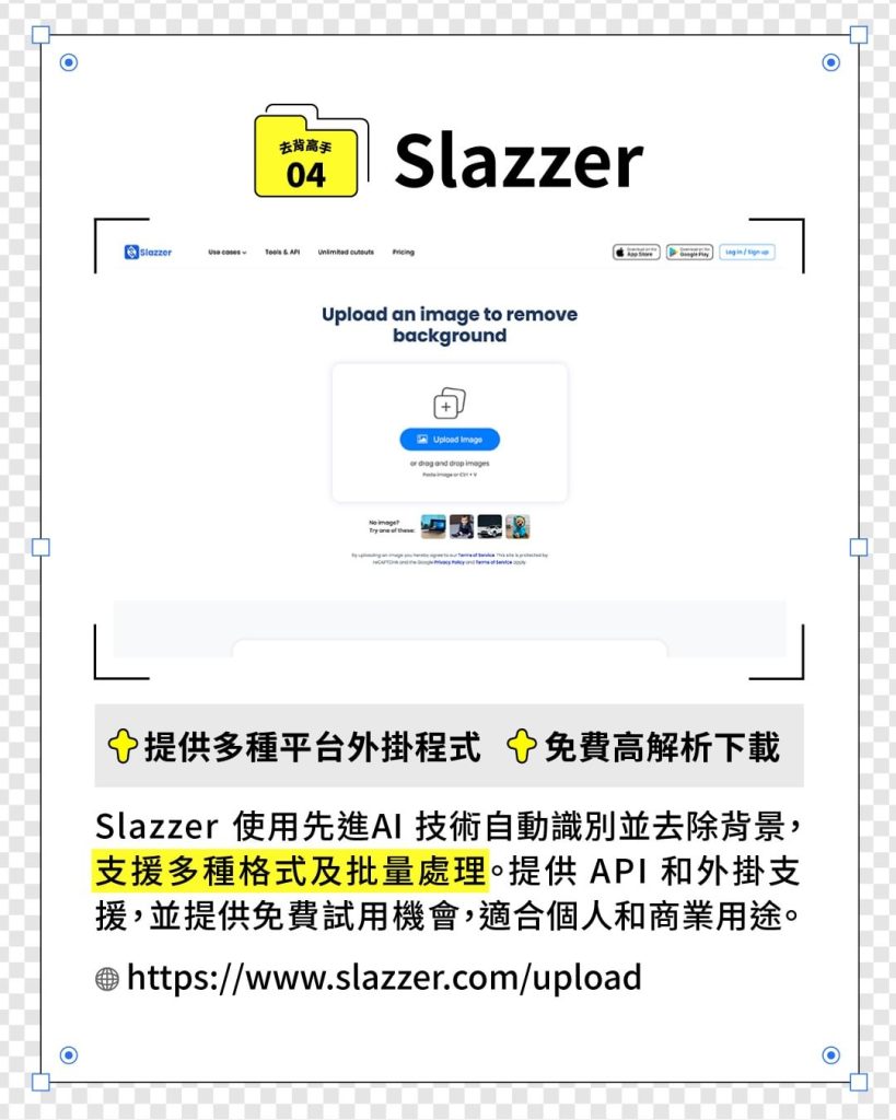 4.Slazzer：自動去除背景，支援多格式和批量處理，還有外掛和 API！