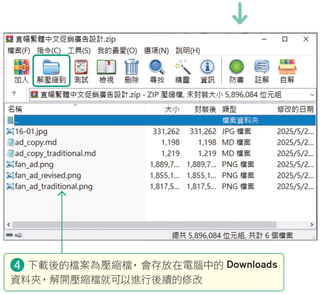 由於AI生成的中文字大多為亂碼,在此我們可以將AI 生成的圖片及文案下載到電腦裡,後續再用影像處理軟體來修改文字。