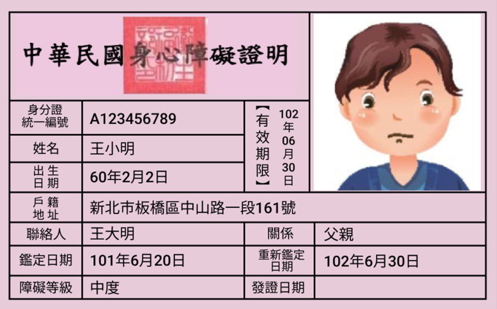 中華民國身心障礙證明示意圖。