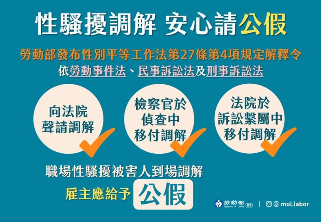 職場性騷擾被害人向法院聲請調解、檢察官於偵查中移付調解、法院於訴訟繫屬中移付調解等,都可以請公假。