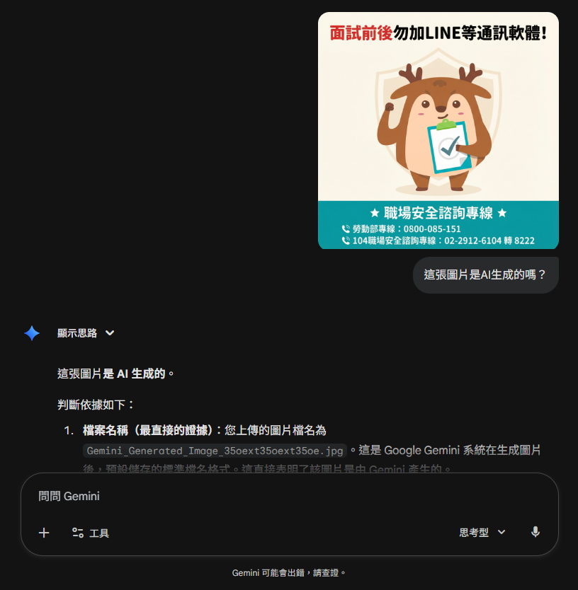 想要辨識一張圖片是否由Google AI所生成，你可以直接問Gemini