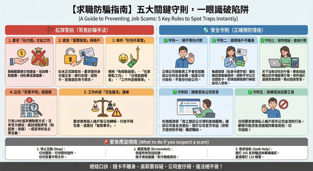 職場力小編測試提示詞：製作一張圖表，描述如何預防求職詐騙