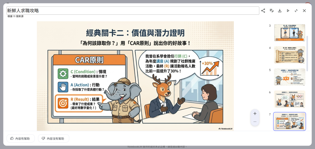 實測自訂投影片簡報提示詞：以『找頭鹿』和『找方象』為簡報主角，製作漫畫風格的新鮮人求職技巧教學