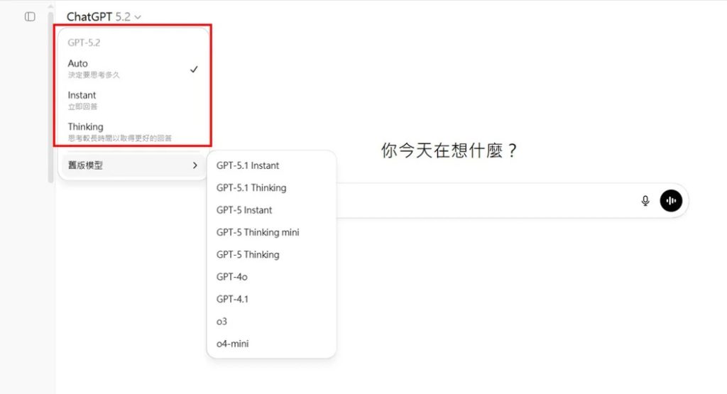 ChatGPT免費方案也能使用ChatGPT 5.2,可從對話框直接切換使用3種新模式,但有受到限制;付費用戶還能切換至舊模型。