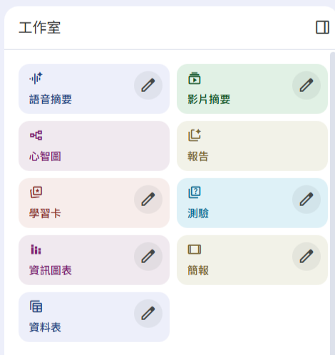 NotebookLM工作室在「簡報」和「資訊圖表」之後，又推出「資料表」新功能，目前共9種功能