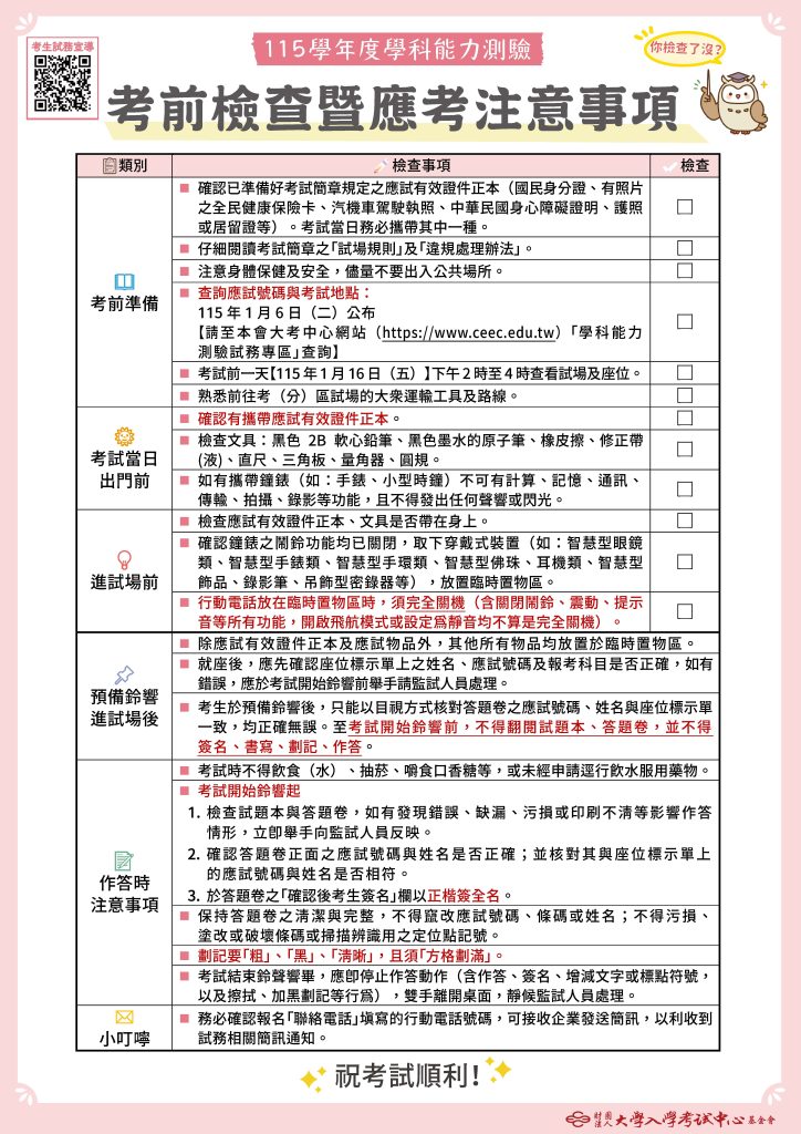 115學測:大考中心整理考前檢查暨應考注意事項。圖片來源/大考中心