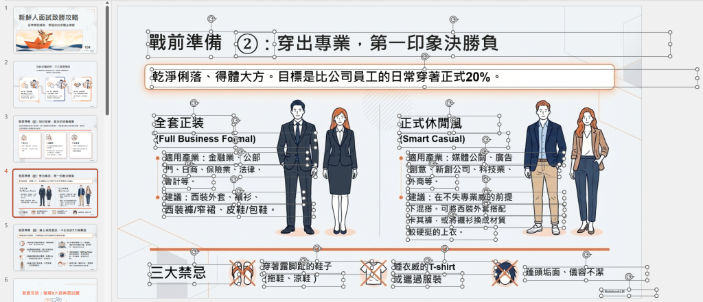DeckEdit轉檔PPTX實測結果，簡報中的文字（框起處）均可選取、編輯修改，連NotebookLM的圖標也可選取刪除