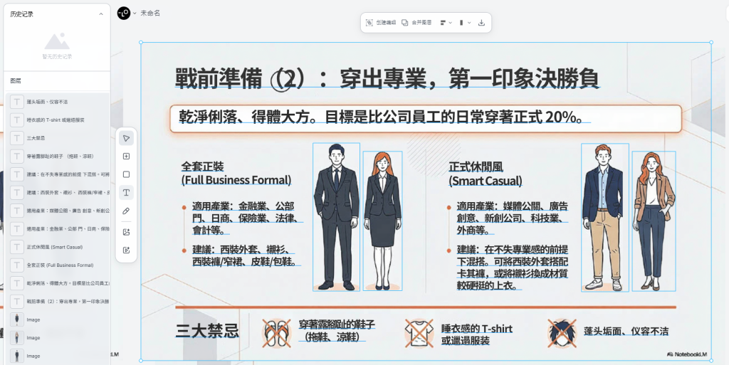 Lovart「編輯元素」調整結果，文字均可直接編輯修改，部分圖案有拆出圖層可調整，但有「文字變為簡體中文」、「拆解不乾淨」的問題