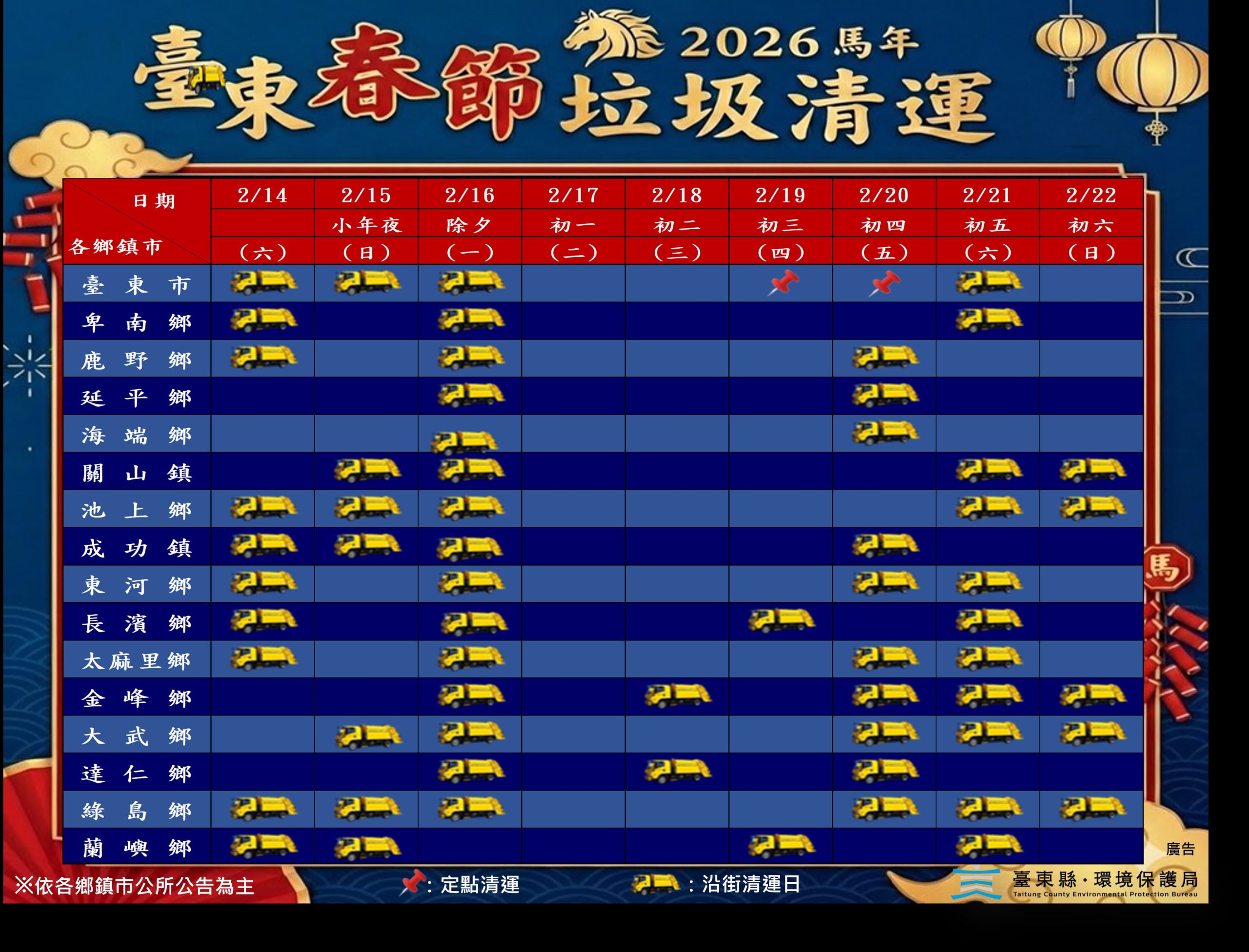 115台東縣春節垃圾清運時間（圖片來源：￼台東縣政府環保局）