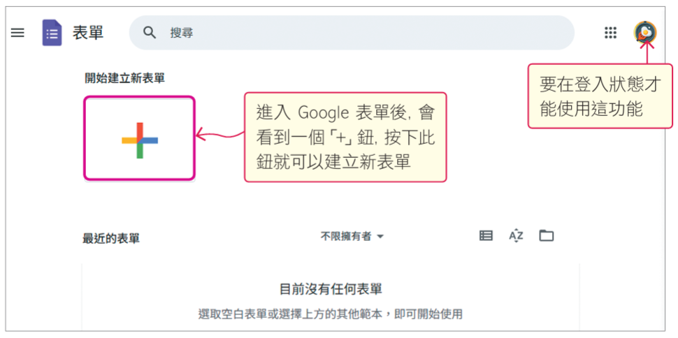 2. 登入並新建Google表單:試著按照AI第1個步驟的說明,進入Google表單網頁:https://docs. google.com/forms/。進入Google表單後,會看到一個「+」鈕,按下此鈕就可以建立新表單,要在登入狀態才能使用這功能。
