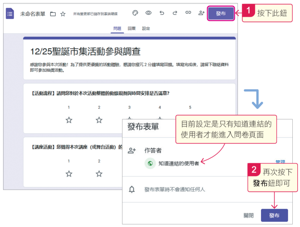 5. 完成後選擇發布:請繼續依照相同的操作,陸續以AI生成的問卷內容為基礎,複製到Google表單,並視需求修改文字內容,表單內容會自動儲存在Google的雲端硬碟裡。最後,按下右上角的發布鈕,即可完成問卷的製作。