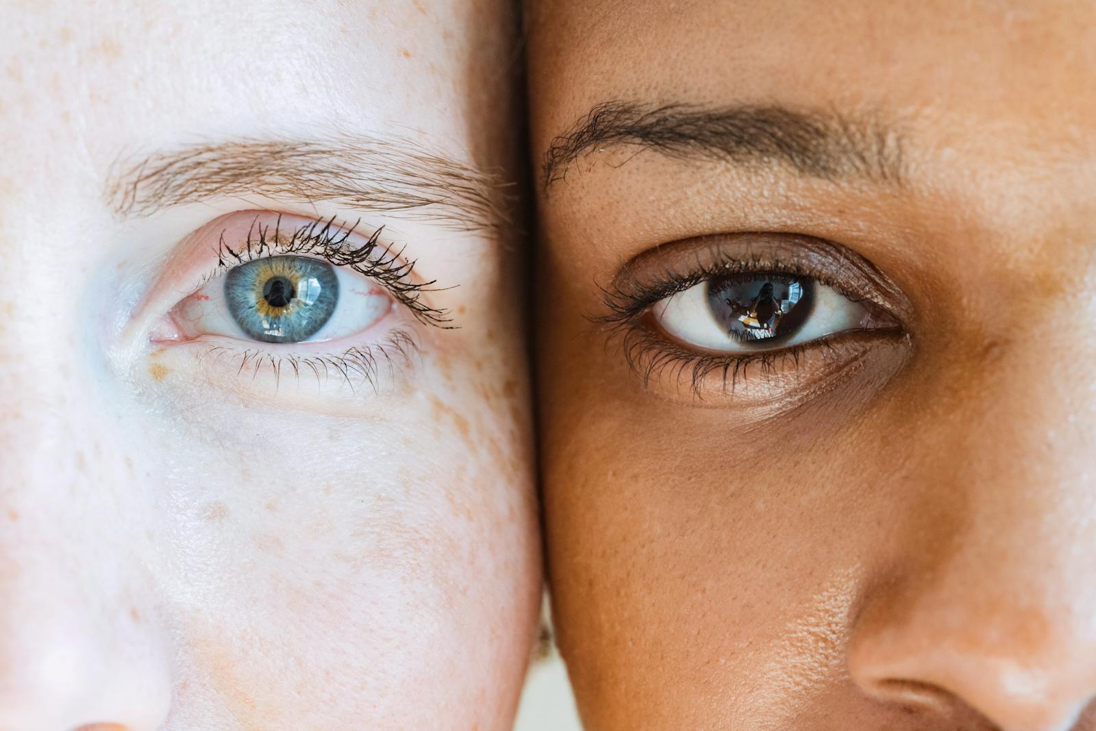Closeup of crop African American female with brown eyes standing near woman with blue eyes and freckles on face looking at camera