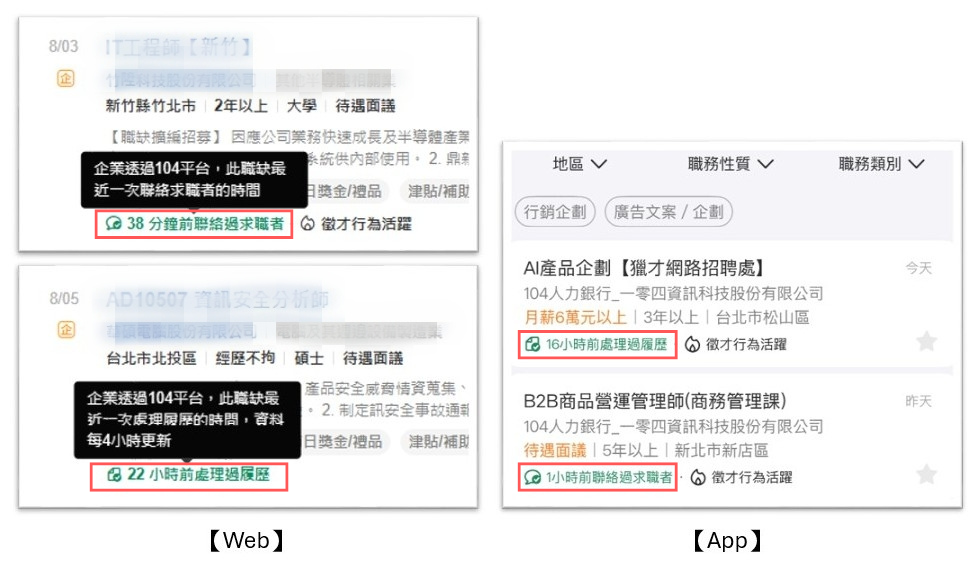 104顯示「企業處理履歷時間」和「最後聯絡時間」讓徵才進度更透明