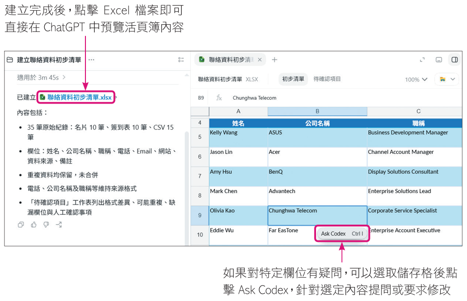 建立完成後,點擊Excel檔案即可直接在ChatGPT中預覽活頁簿內容;如果對特定欄位有疑問,可以選取儲存格後點擊Ask Codex,針對選定內容提問或要求修改(圖/旗標科技《ChatGPT AI Agent 工作術》)