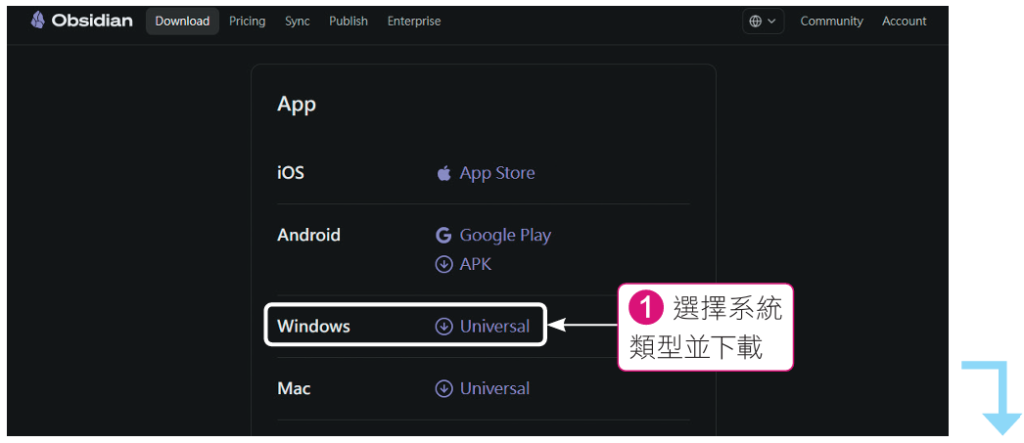 選擇系統類型並下載Obsidian（圖／旗標科技《ChatGPT AI Agent 工作術》）