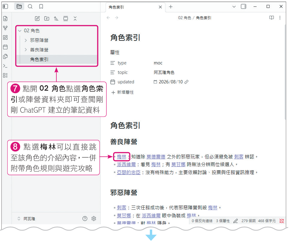 點開02角色點選角色索引或陣營資料夾即可查閱剛剛ChatGPT建立的筆記資料；點選梅林可以直接跳至該角色的介紹內容，一併附帶角色規則與遊玩攻略（圖／旗標科技《ChatGPT AI Agent 工作術》）