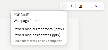 圖／使用Claude Slides展出的投影片，可於Claude內播放、分享連結，或匯出PowerPoint、PDF、html