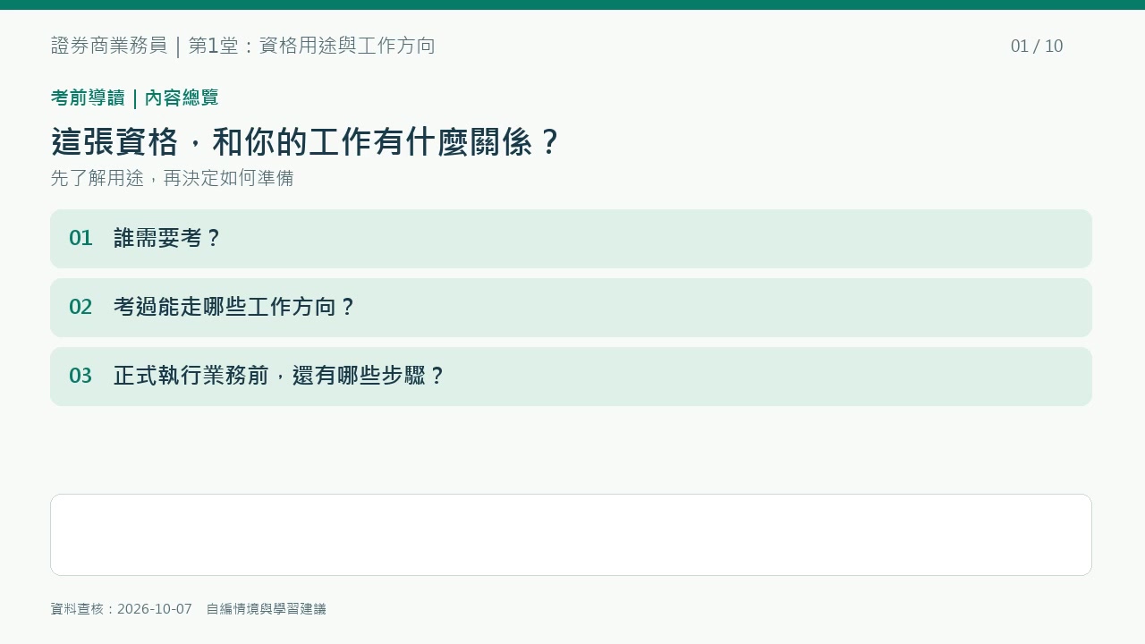 第1堂重點圖解：本課程先認識資格用途、工作方向與正式執行業務前的步驟。