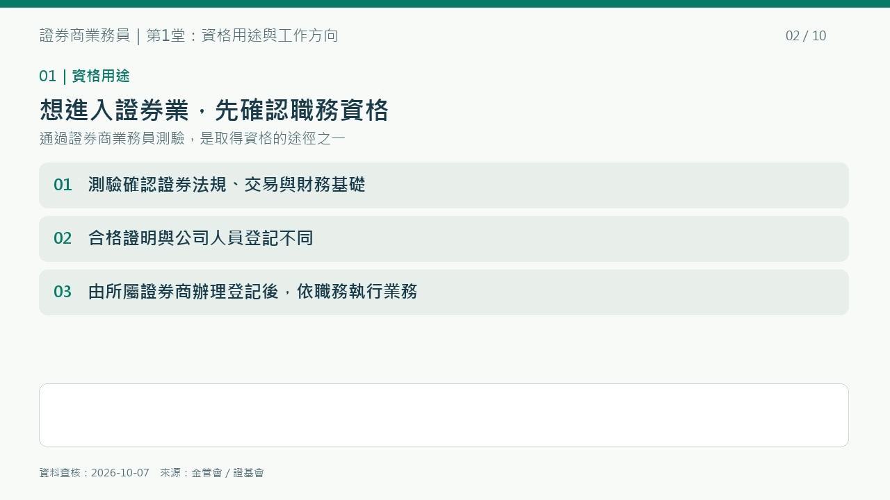 第1堂重點圖解：合格證明與人員登記不同，正式執業前須依規定辦理。