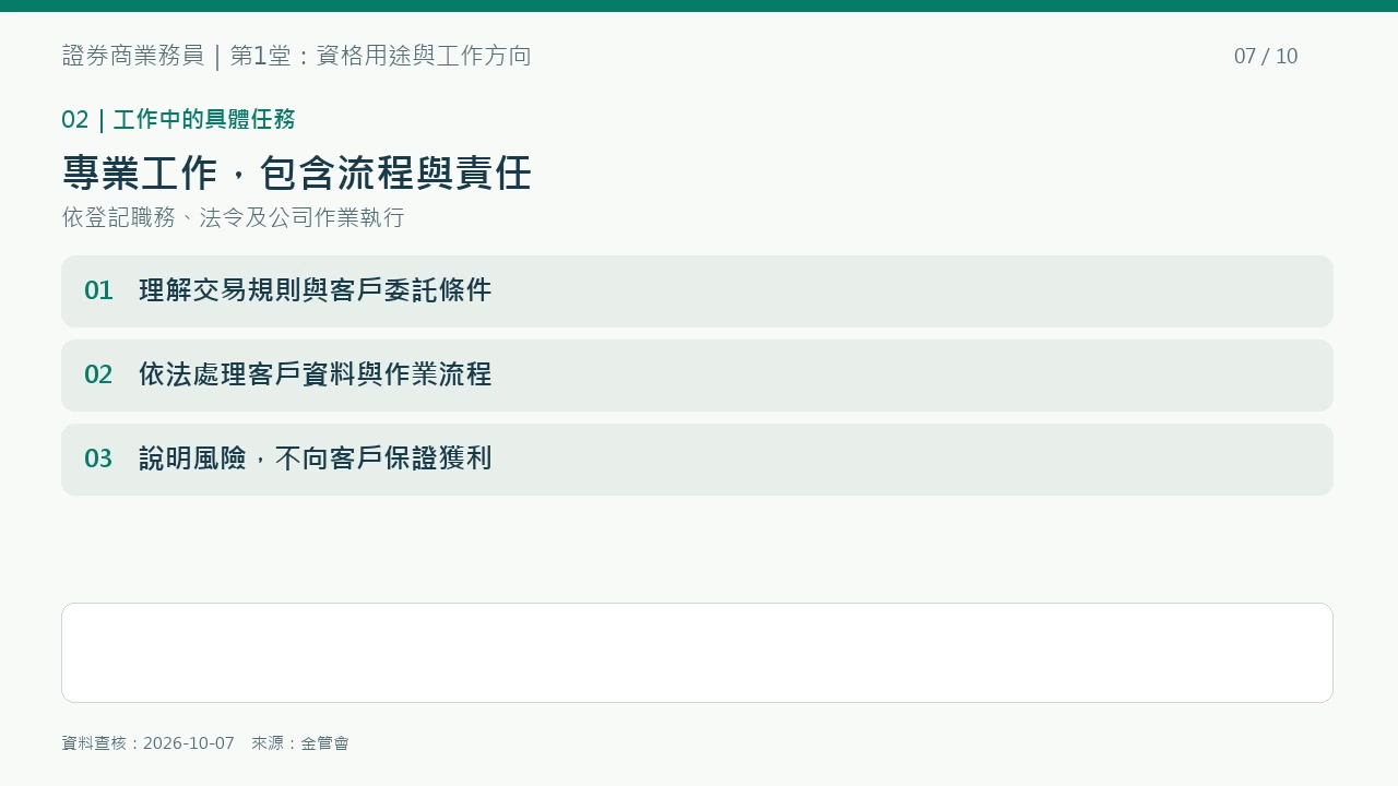 第1堂重點圖解：證券商業務員的工作包含交易流程、資料處理與風險說明。