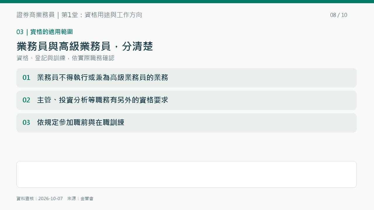 第1堂重點圖解：業務員與高級業務員資格不同，各職務仍有適用要求。