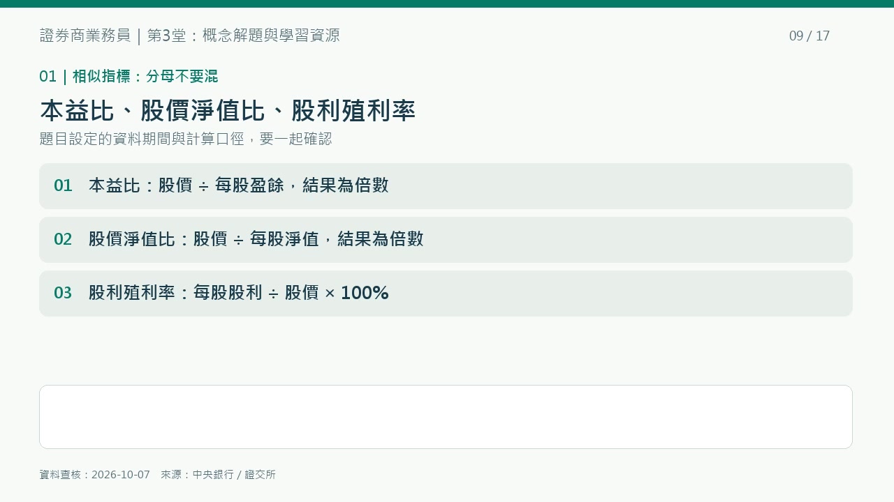 第3堂重點圖解：本益比、股價淨值比與股利殖利率的公式和單位不同。