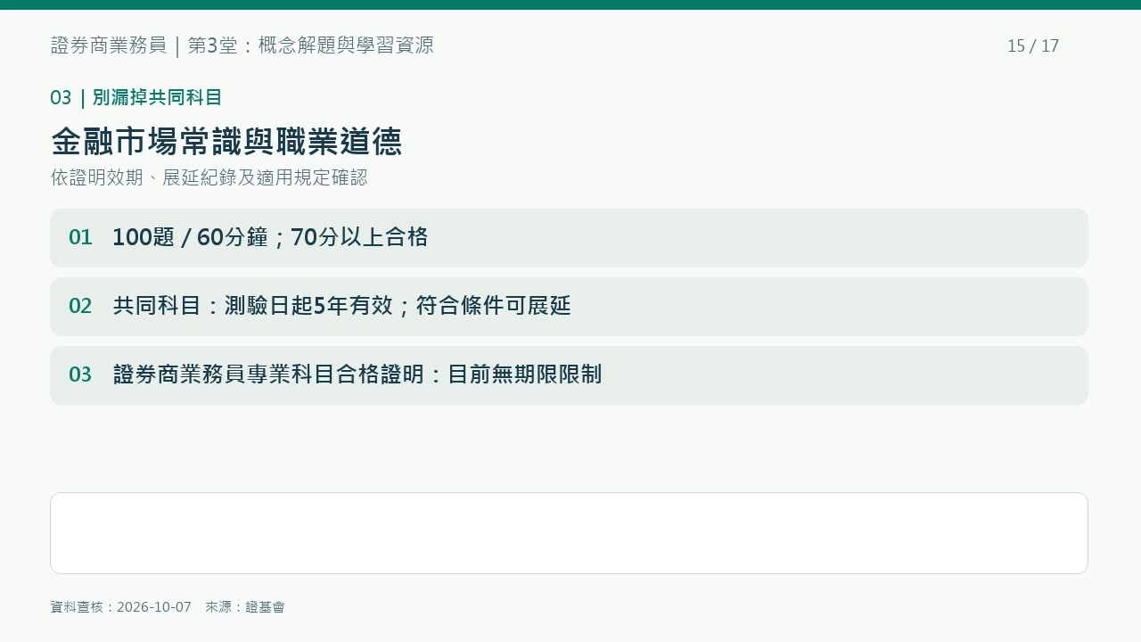 第3堂重點圖解：共同科目5年有效；業務員專業科目合格證明目前無期限限制。