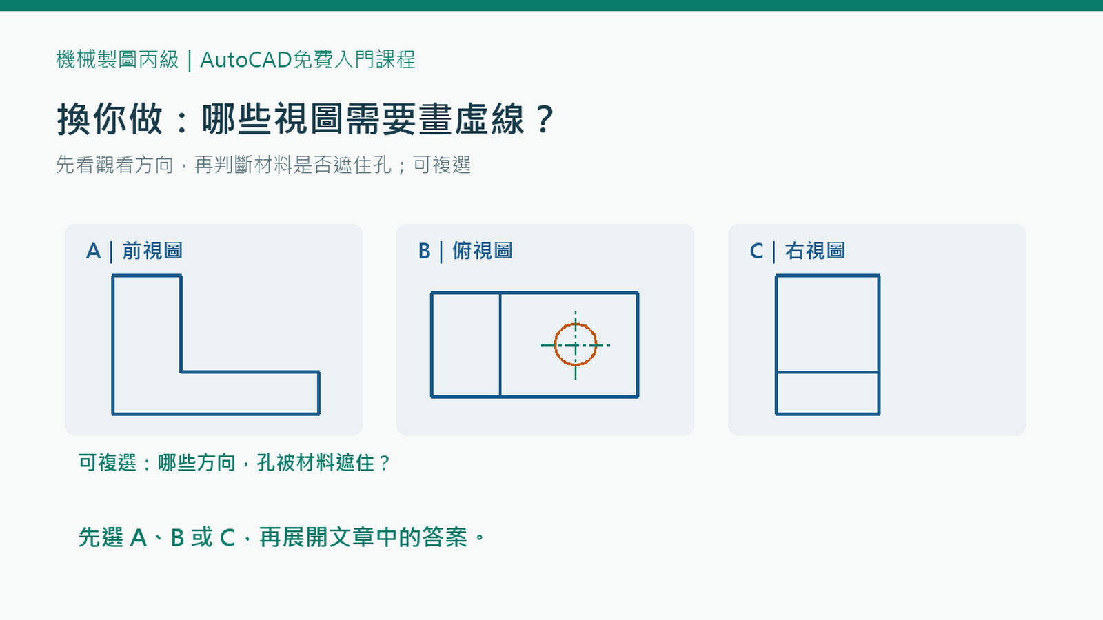 L形塊貫穿孔判讀練習：前視、俯視、右視哪些方向需要虛線