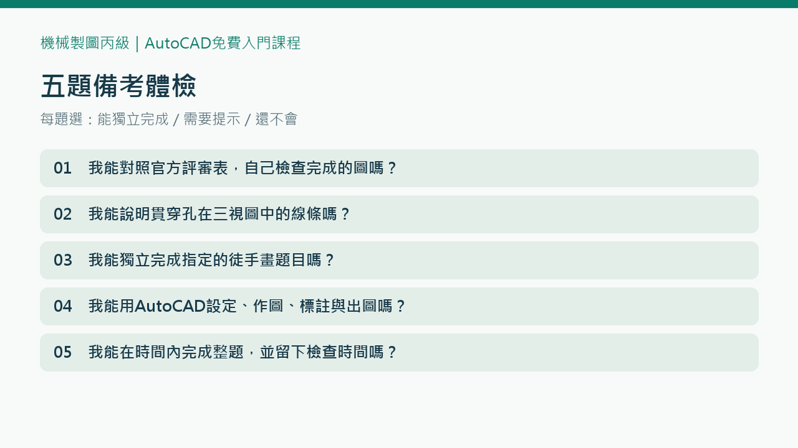 機械製圖丙級五項能力自評：評審表自查、讀圖、徒手畫、電腦畫與限時完成