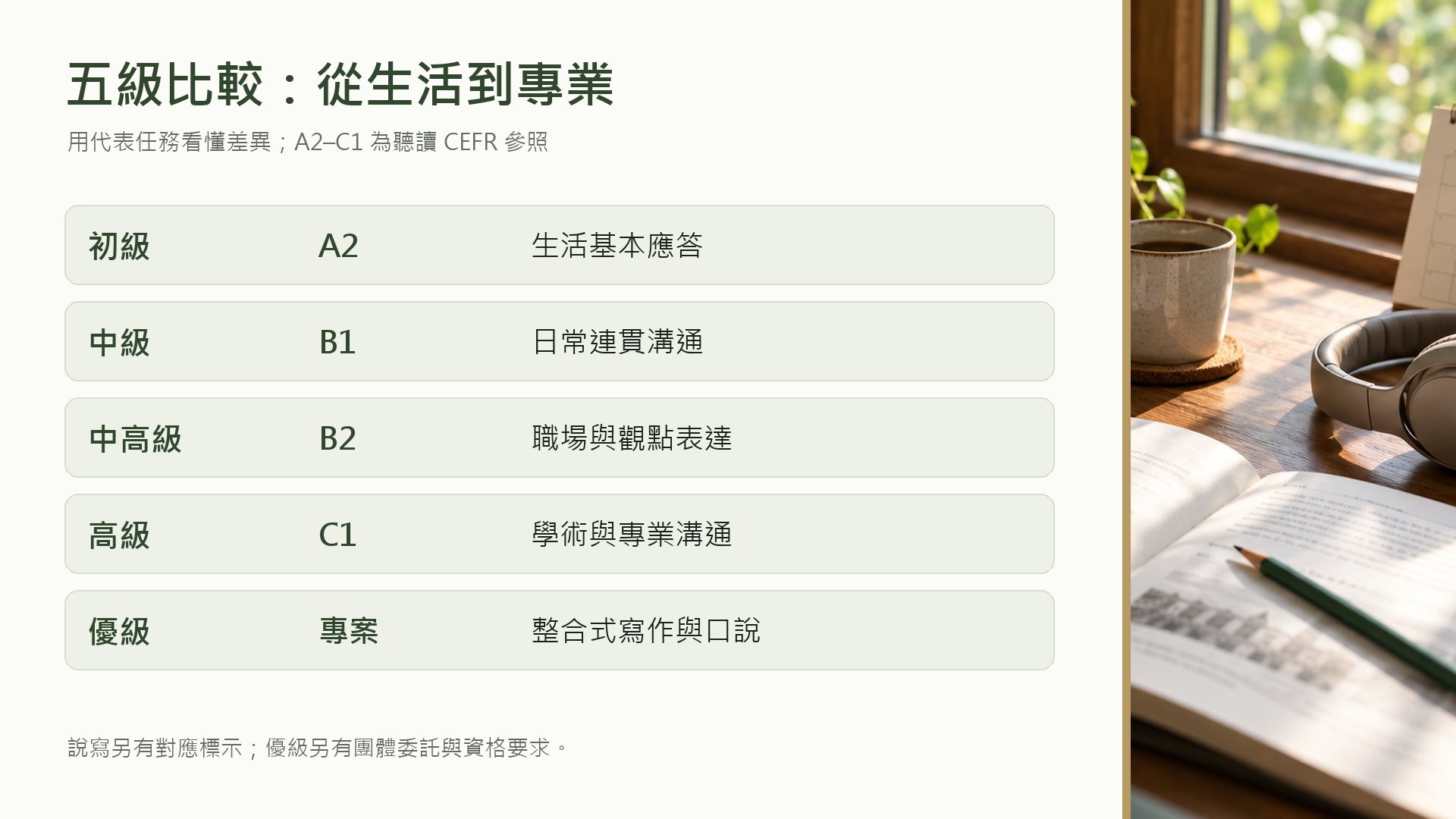 全民英檢五個級數的代表任務與初級至高級聽讀CEFR參照圖解