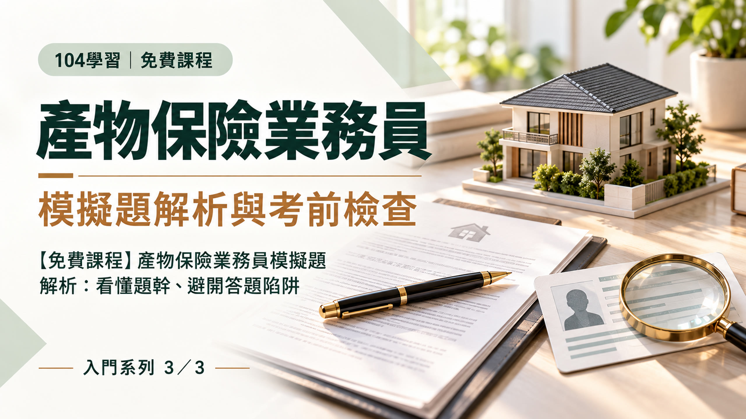 產物保險業務員免費課程第3堂：模擬題解析與考前檢查，米白與綠灰專屬封面