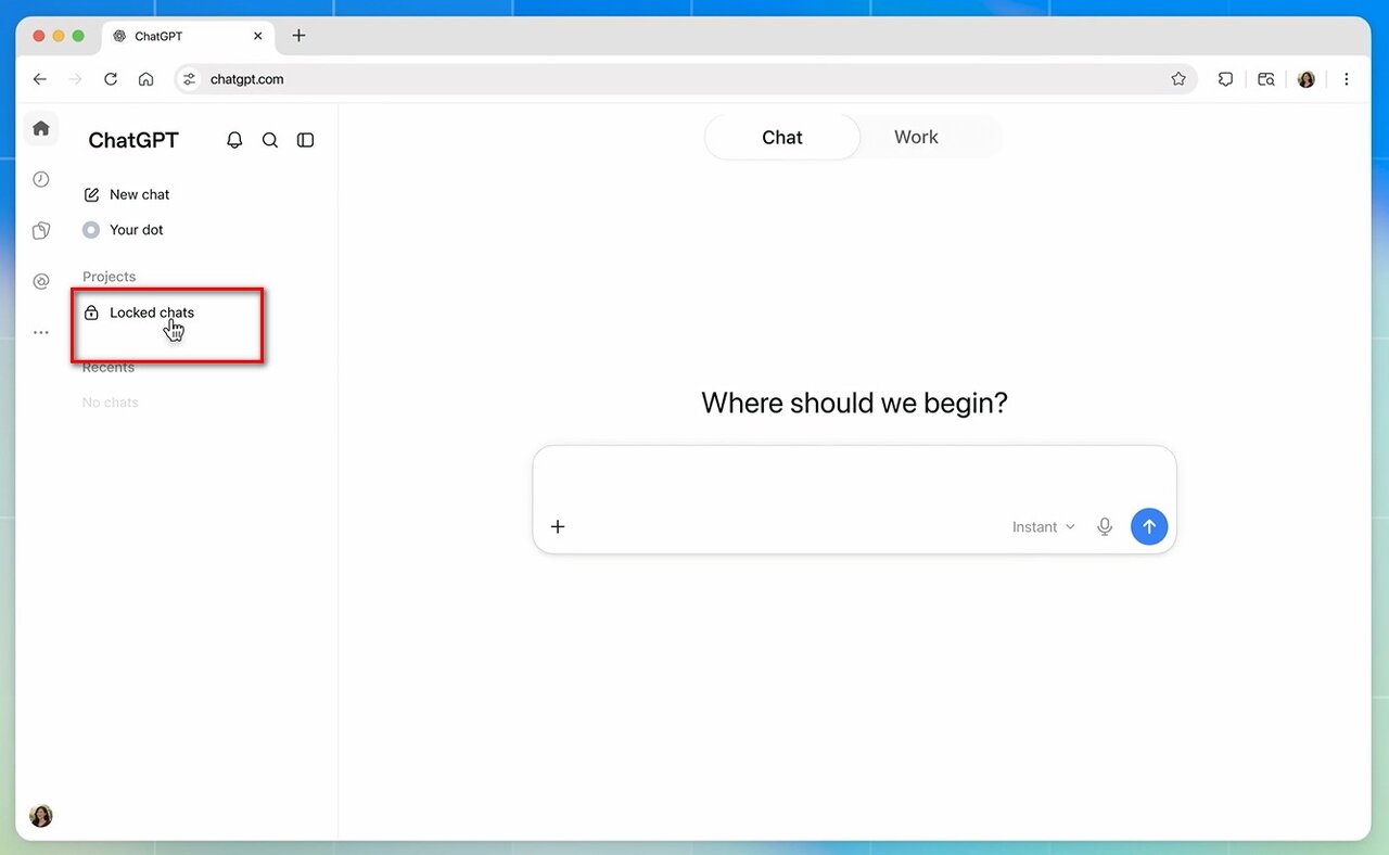 聊天上鎖後，對話便會移至「專案」中的「Locked chats（已鎖定的聊天）」專區