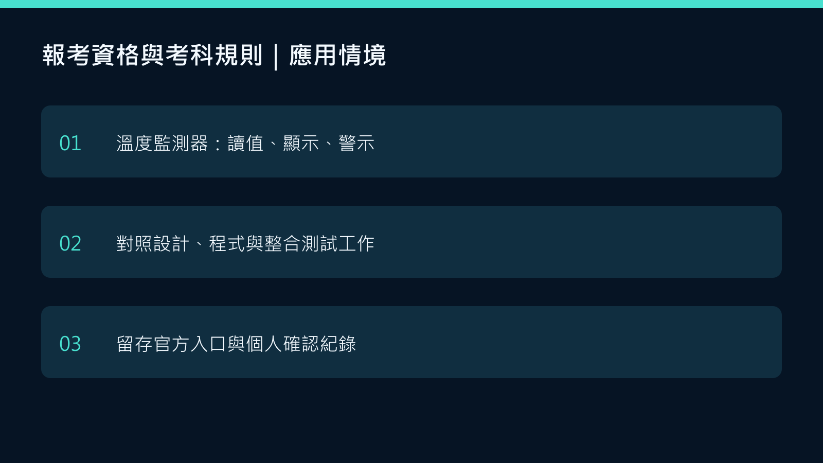 報考資格與考科規則應用情境：溫度監測器：讀值、顯示、警示；對照設計、程式與整合測試工作；留存官方入口與個人確認紀錄